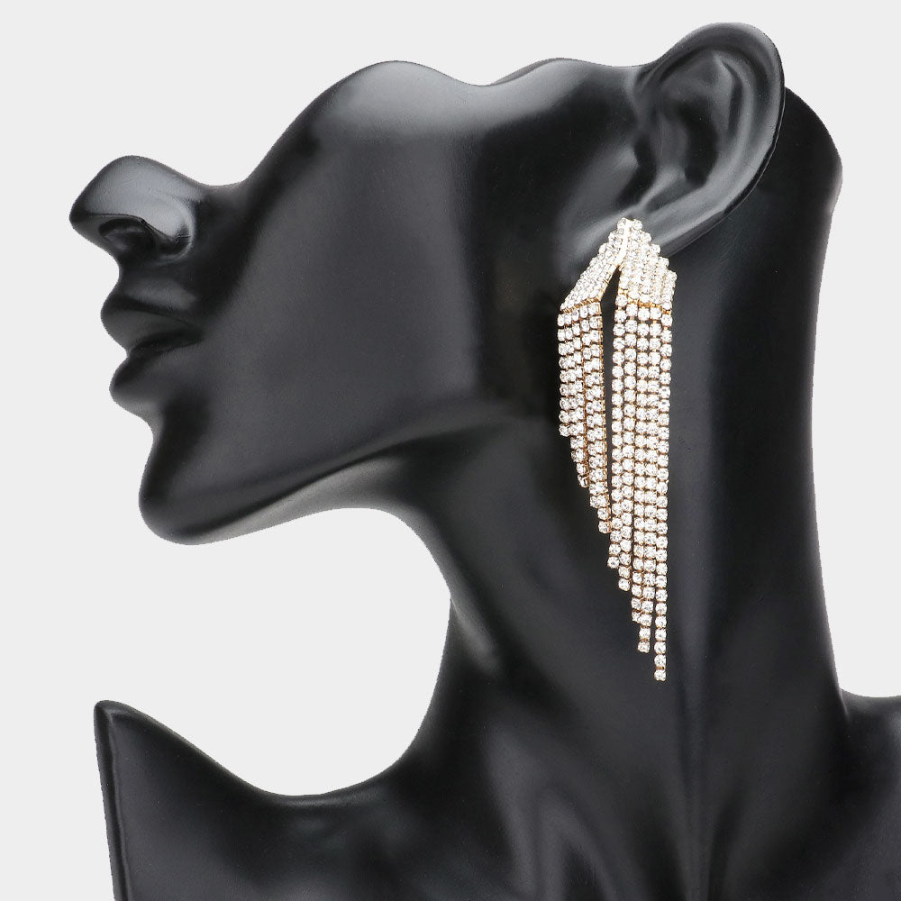 Clear Rhinestone Variegated Fringe Pageant Earrings on Gold | Fringe Evening Earrings