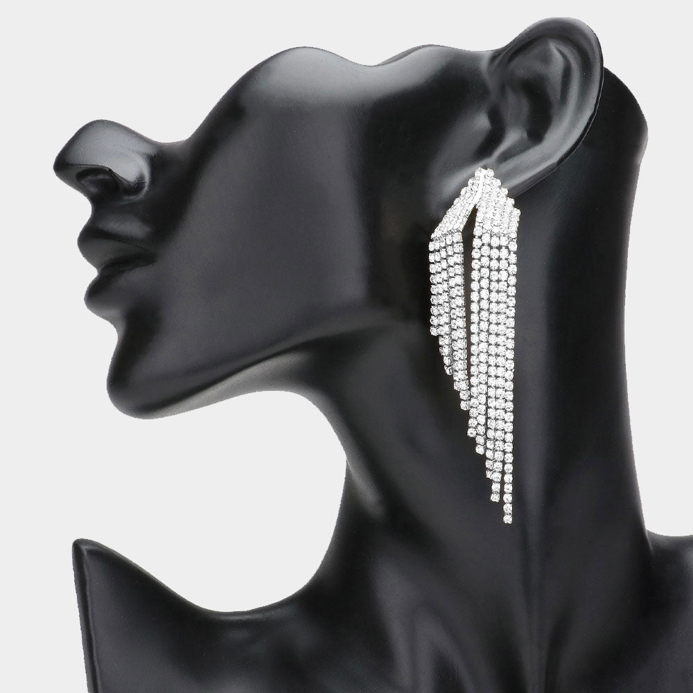 Clear Rhinestone Variegated Fringe Pageant Earrings  | Fringe Evening Earrings