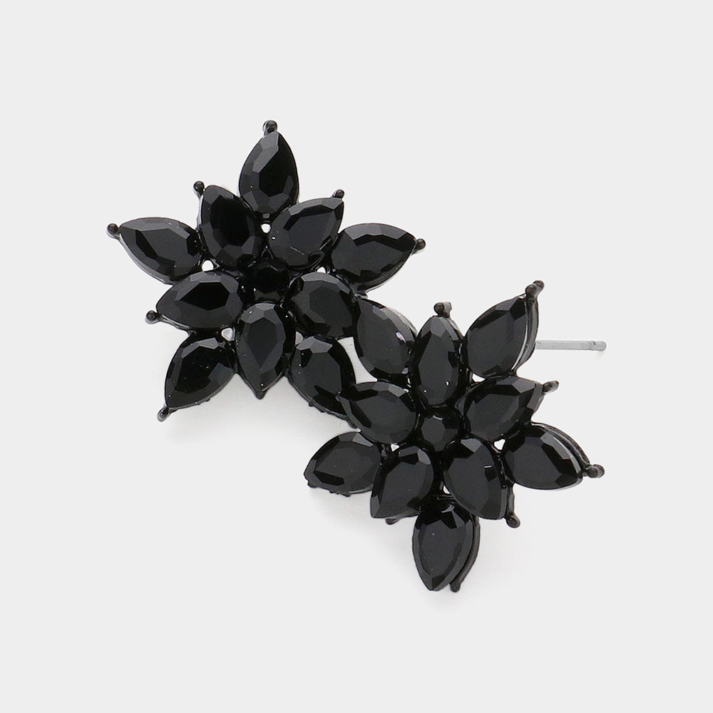 Black Cluster Stone Flower Stud Pageant Earrings | Red Interview Stud Earrings