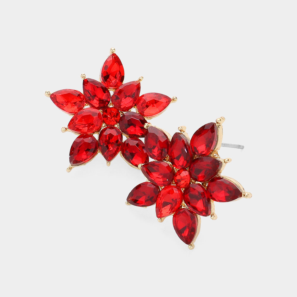 Red Cluster Stone Flower Stud Pageant Earrings | Red Interview Stud Earrings