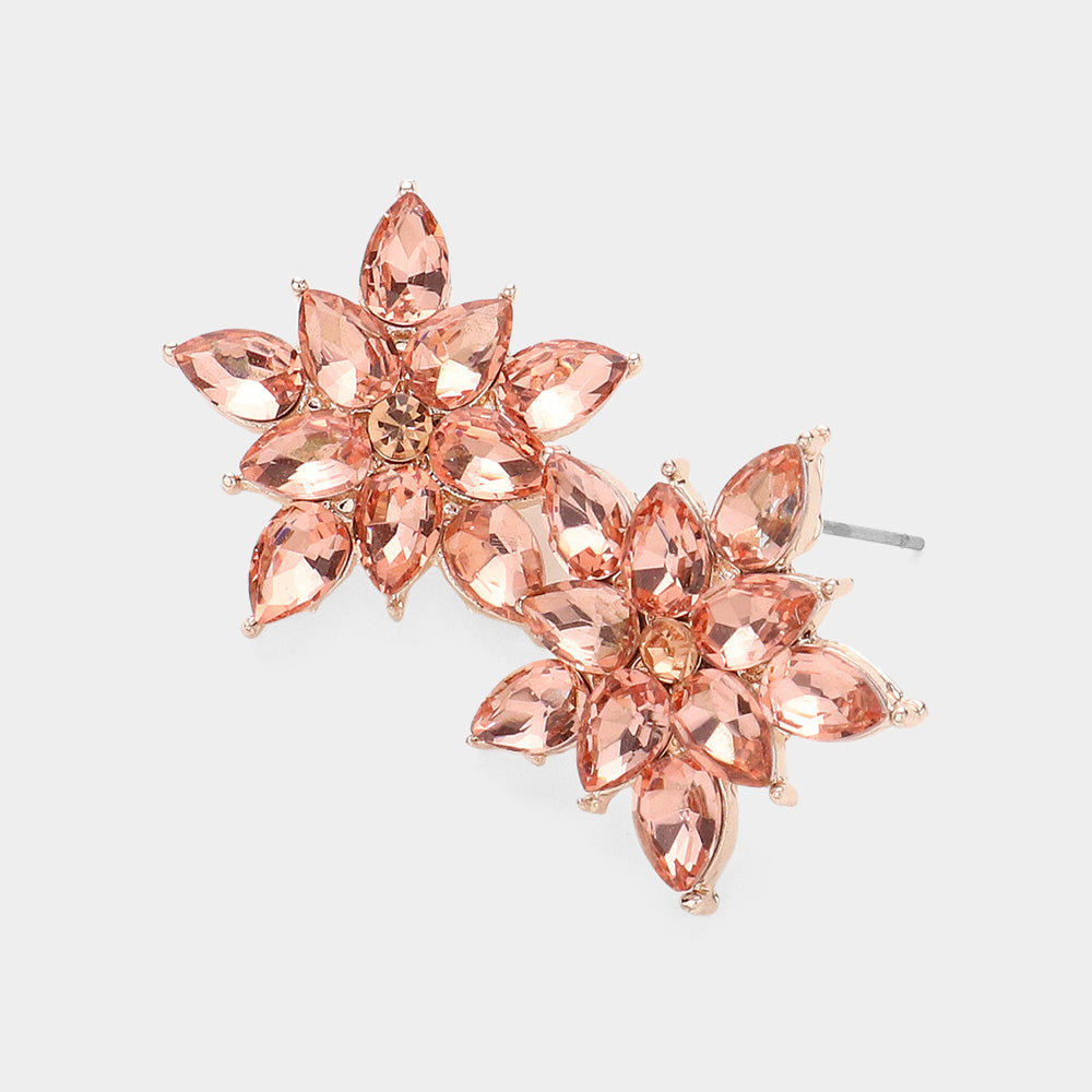 Peach Cluster Stone Flower Stud Pageant Earrings on Rose Gold  | Peach Interview Stud Earrings on Rose Gold