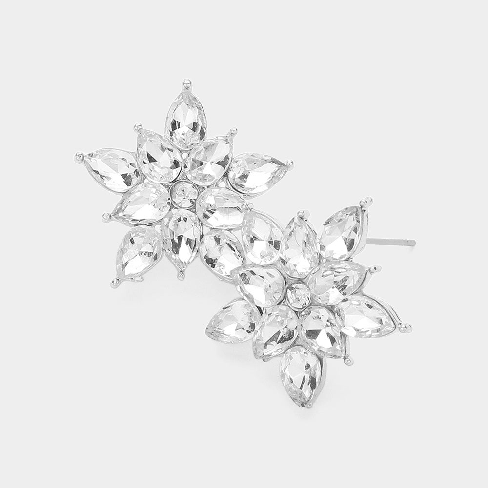 Clear Cluster Stone Flower Stud Pageant Earrings  |Clear Interview Stud Earrings