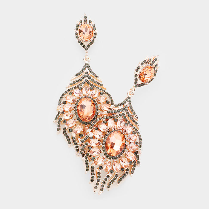 Peach Crystal and Black Diamond Rhinestone Chandelier Earrings | Pageant Earrings