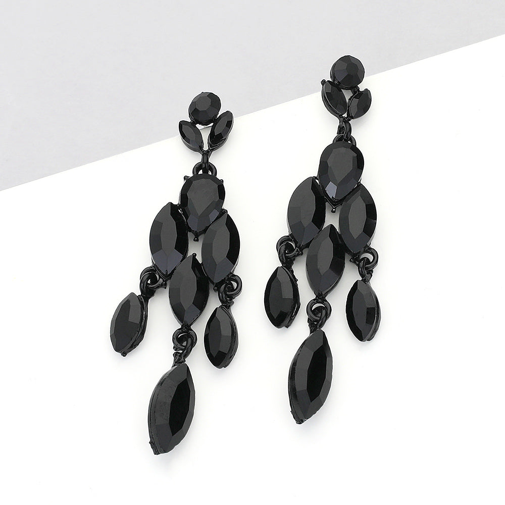 Black Marquise Stone Cluster Chandelier Pageant Earrings | Black Dangle Earrings