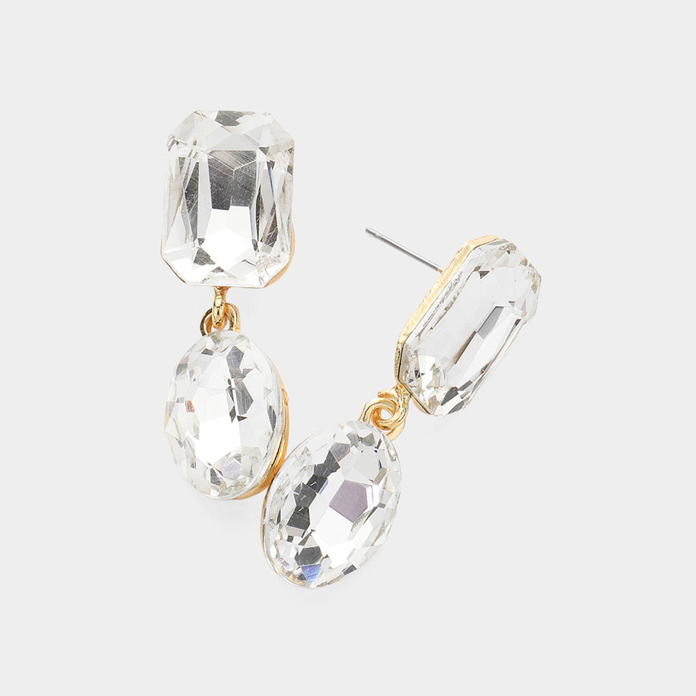 Clear Oval and Emerald Cut Stone Dangle Pageant Earrings on Gold | Interview Drop Earrings