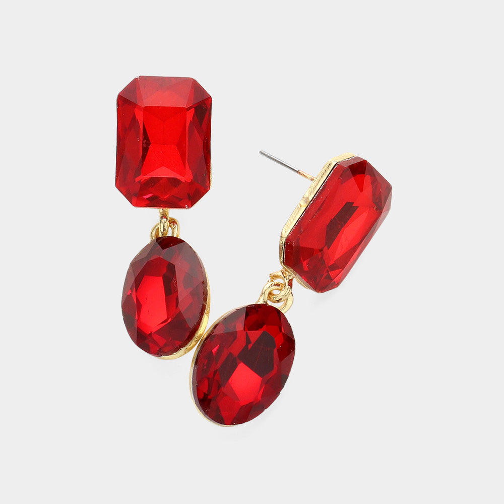 Red Oval and Emerald Cut Stone Dangle Pageant Earrings  | Interview Drop Earrings