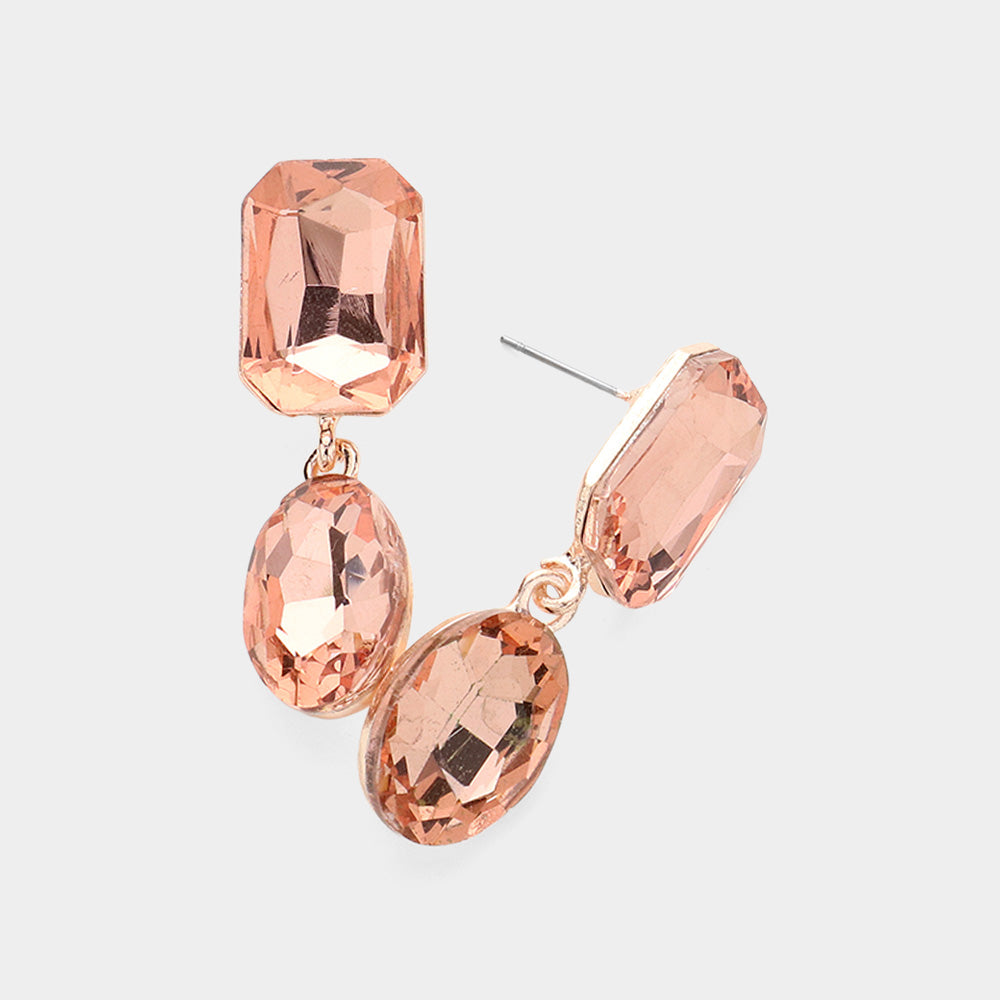 Peach Oval and Emerald Cut Stone Dangle Pageant Earrings on Rose Gold  | Interview Drop Earrings