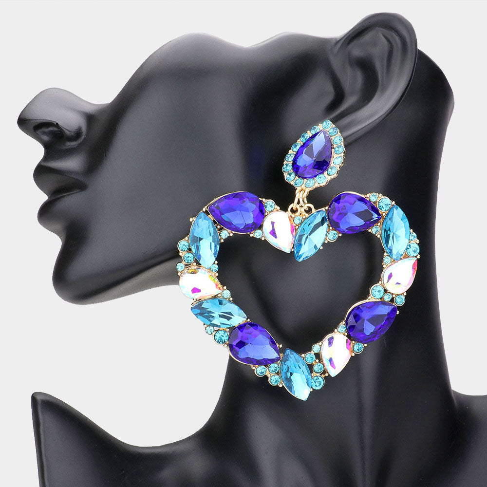 Multi-Color Crystal Stone Open Heart Pageant Earrings | Statement Jewelry |  564445