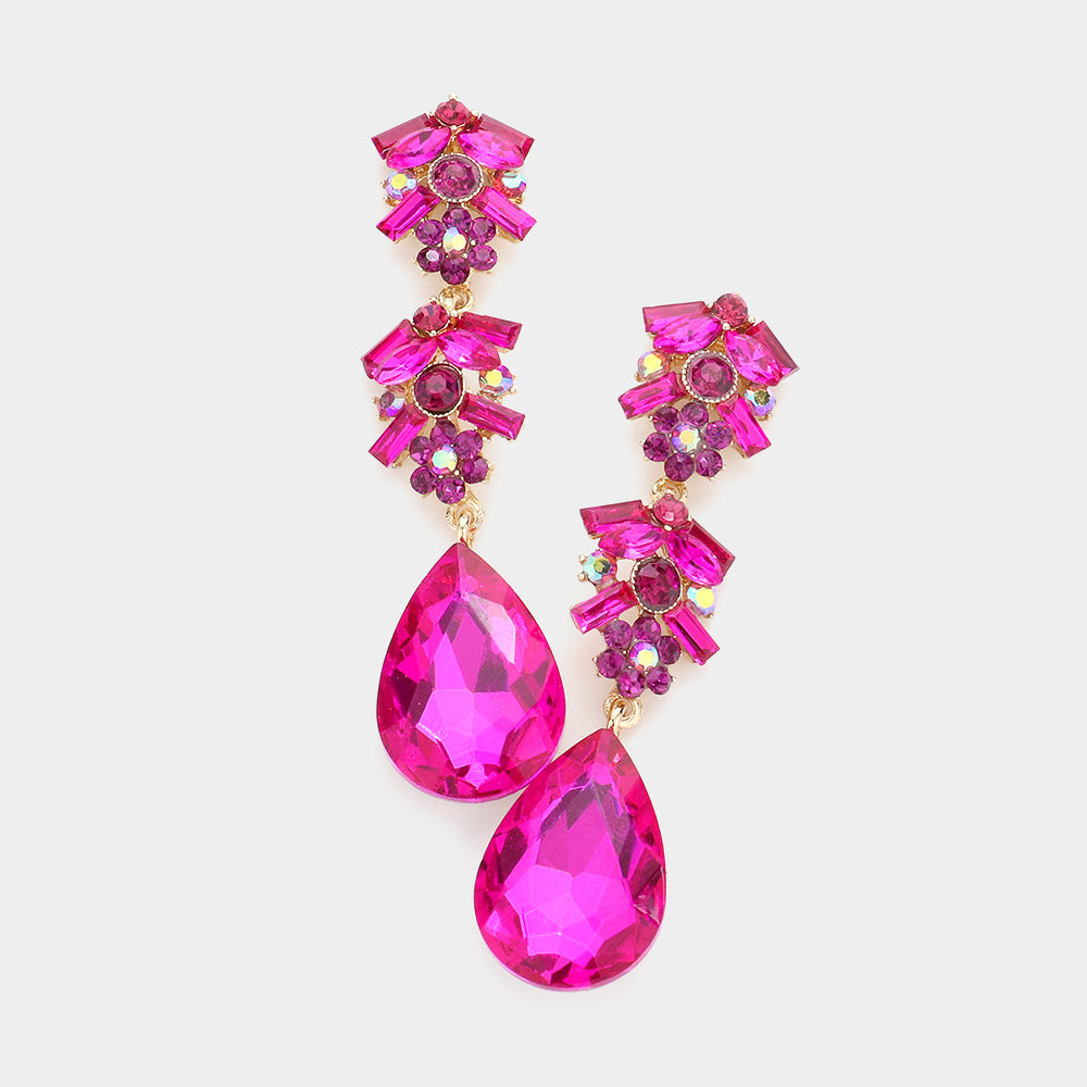 Long Fuchsia Multi Stone Dangle Pageant Earrings | Pageant Drop Earrings