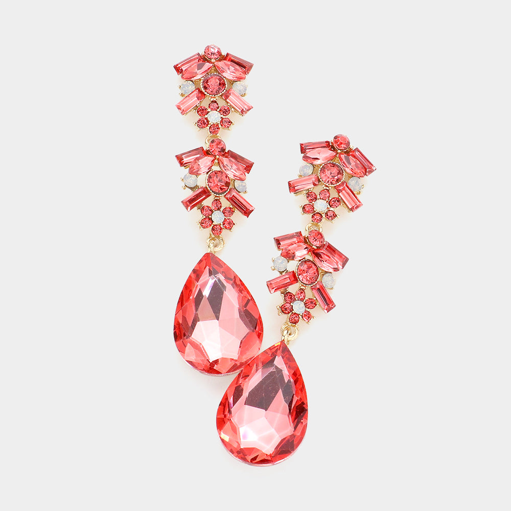 Long Coral Multi Stone Dangle Pageant Earrings | Pageant Drop Earrings