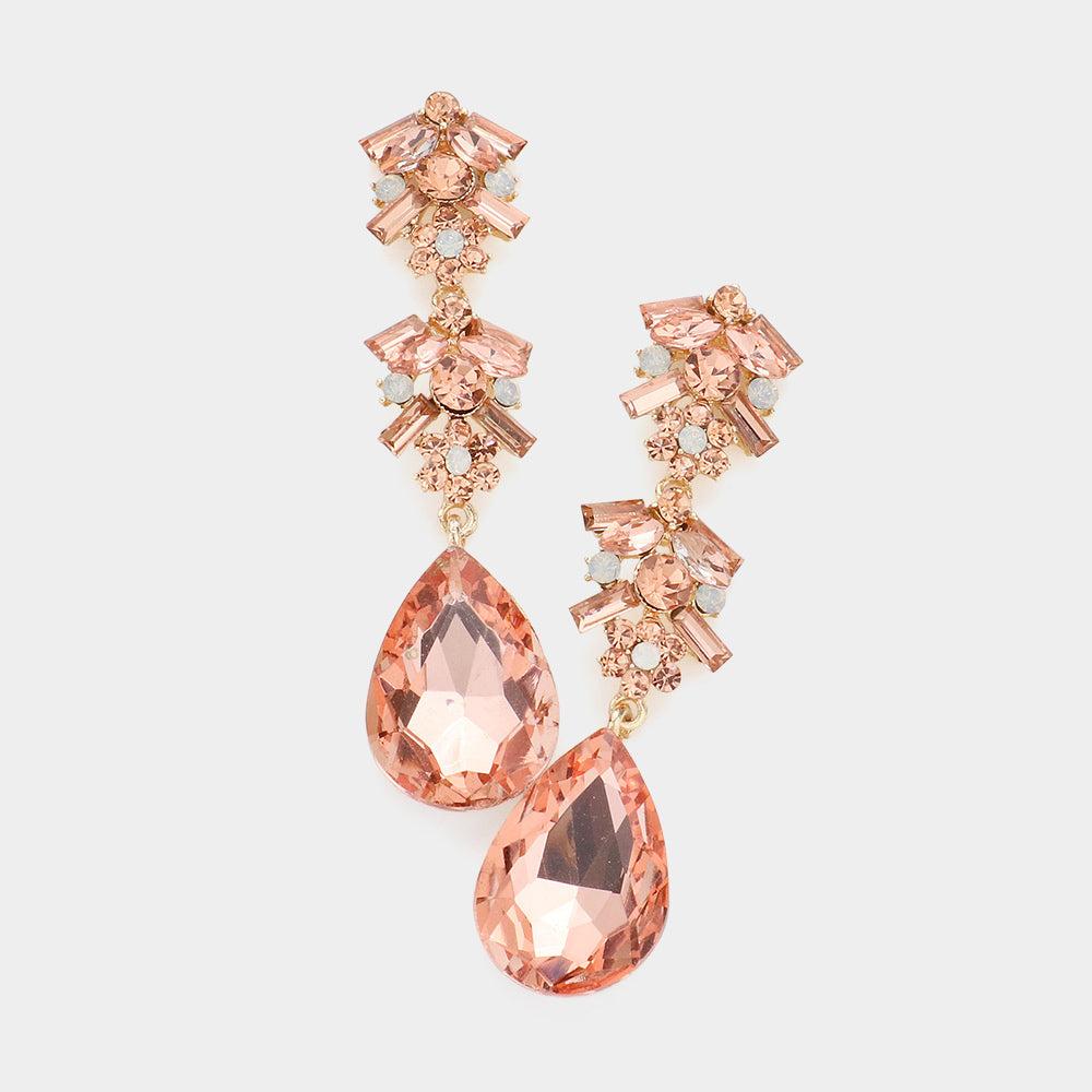 Long Peach Multi Stone Dangle Pageant Earrings | Pageant Drop Earrings 