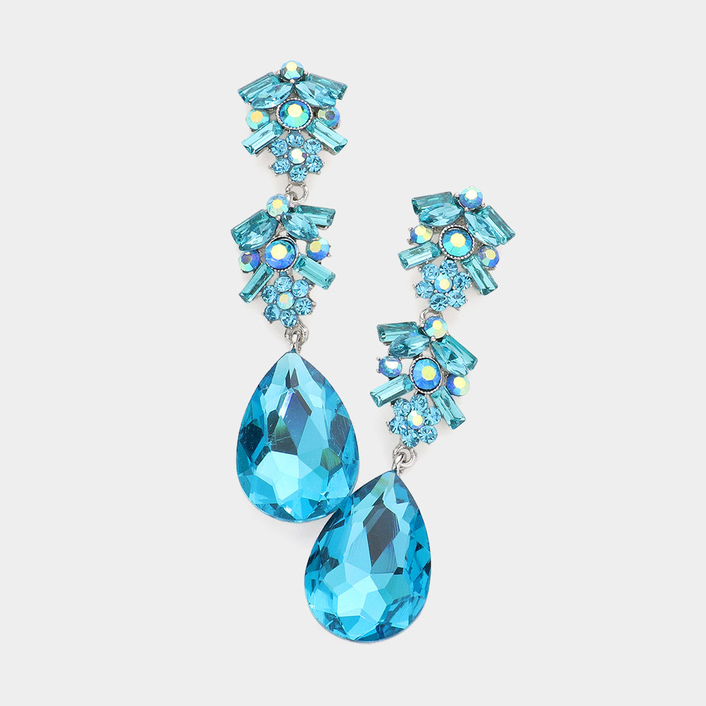 Long Aqua Multi Stone Dangle Pageant Earrings | Pageant Drop Earrings