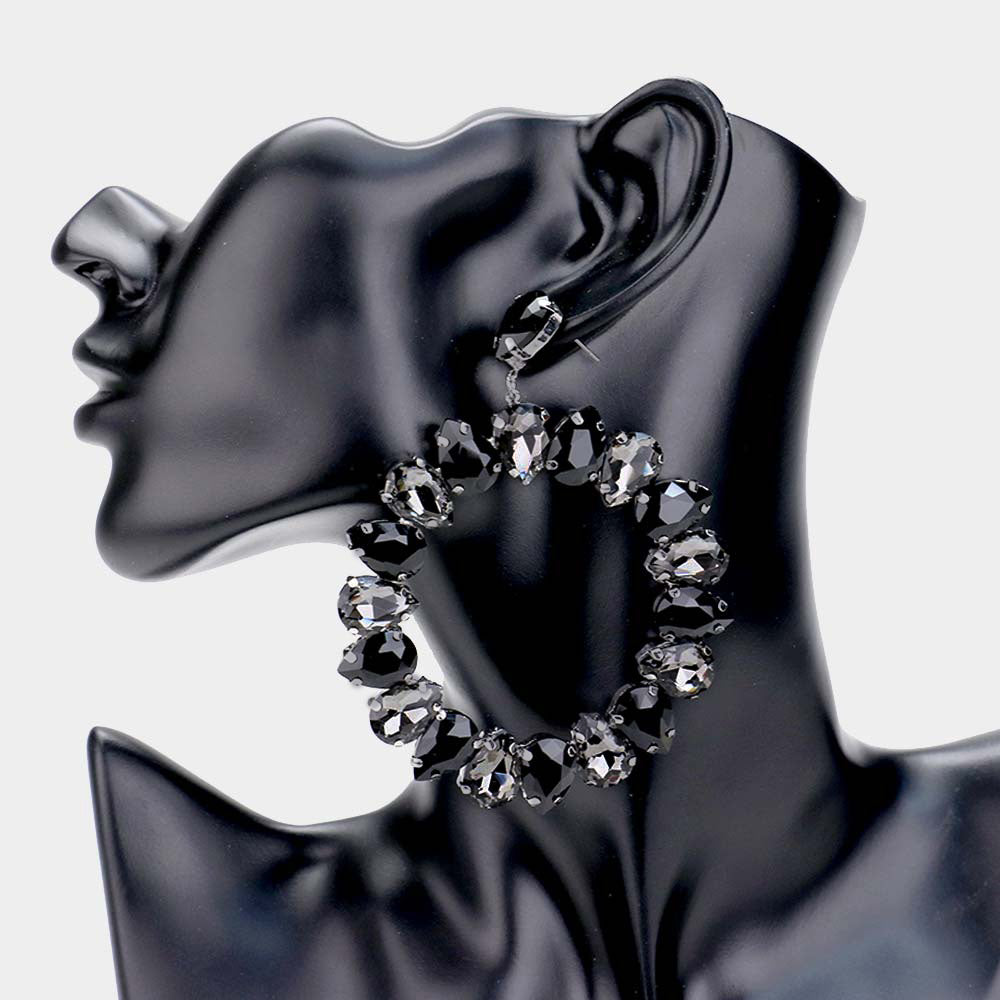 Large Black Diamond, Jet Black Teardrop Round Pageant Earrings 