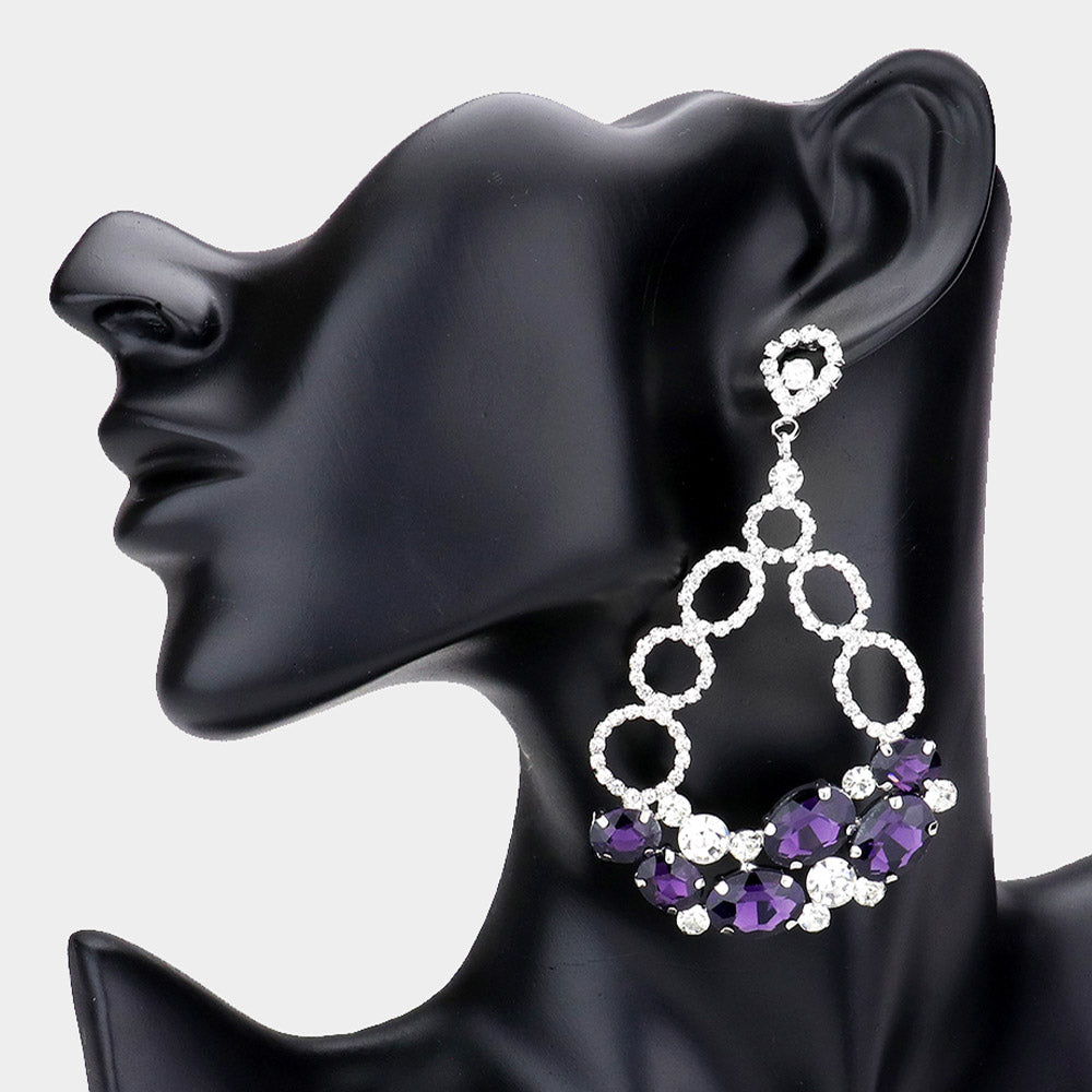 Oval Purple and Rhinestone Link Chandelier Earrings  | Purple Earrings