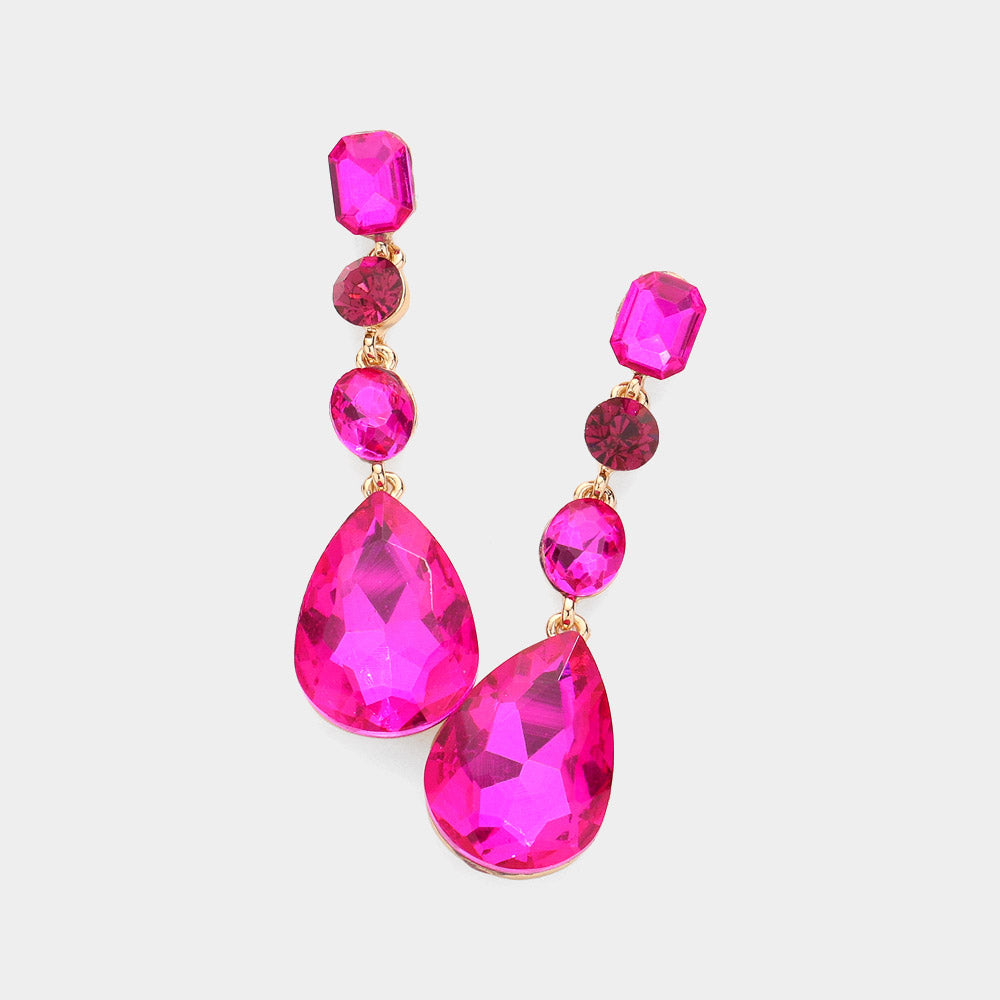 Fuchsia Multi Stone Drop Pageant Earrings | Prom Earrings