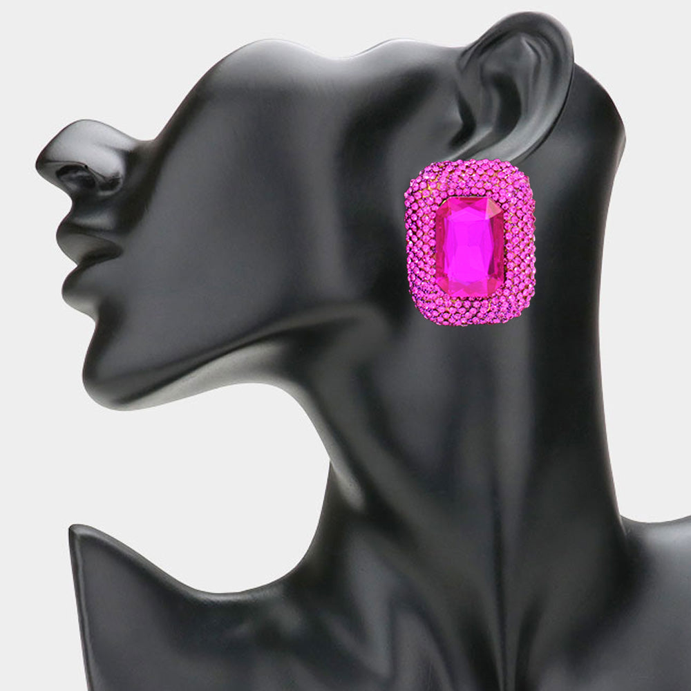 Fuchsia Rectangle Pageant Earrings  | Fuchsia Prom Earrings