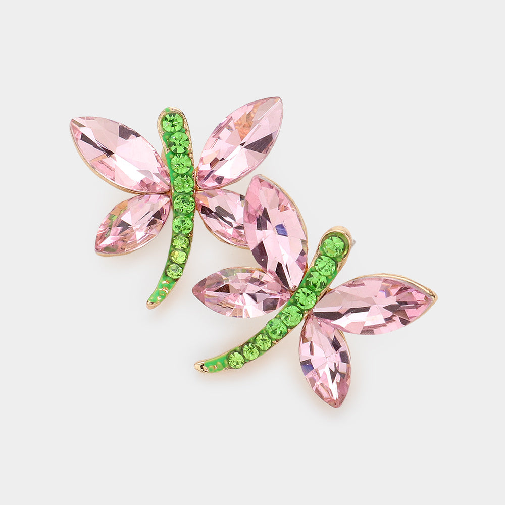 Young Girls Pink & Green Butterfly Crystal Earrings  | Little Girls Earrings