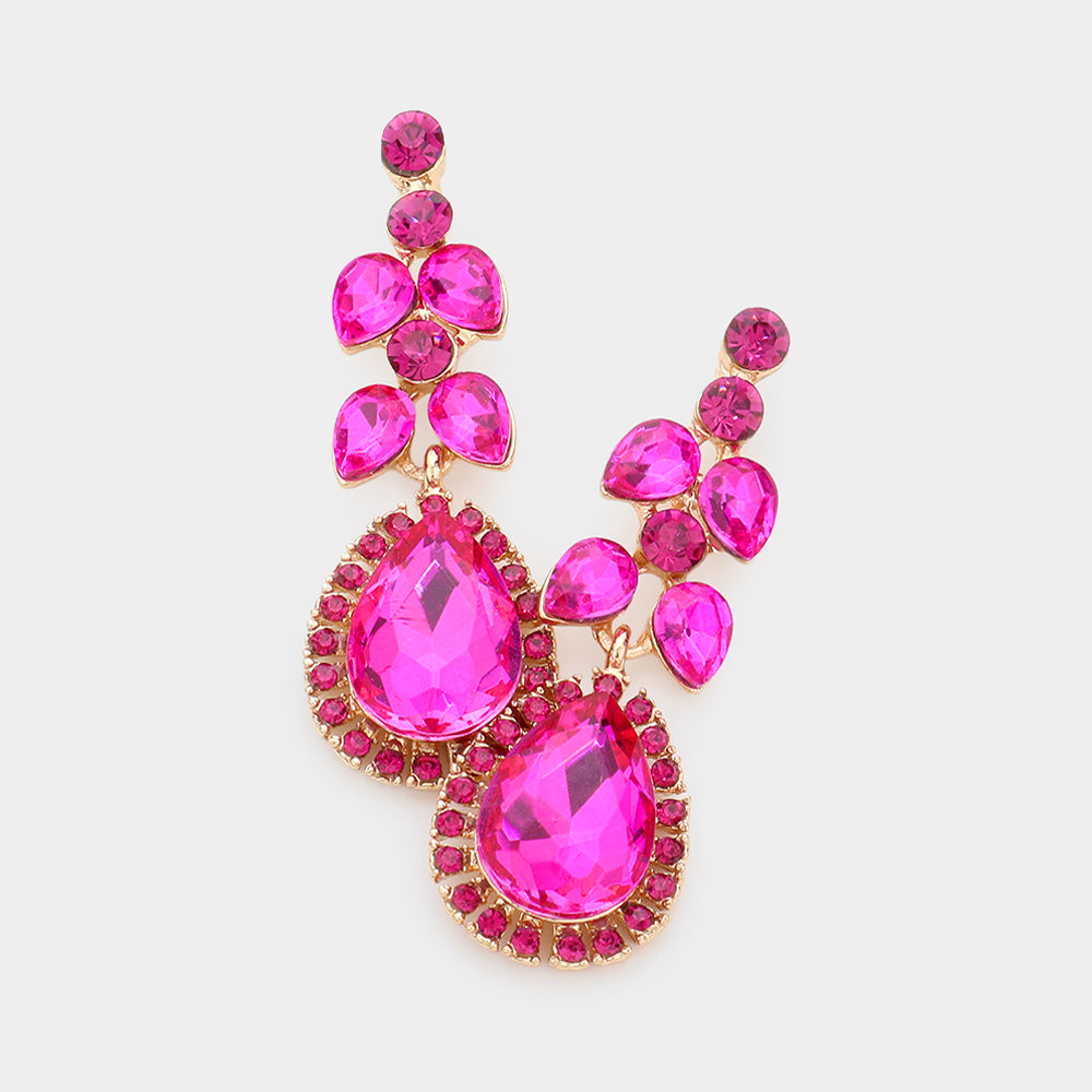 Fuchsia Multi Stone Shape Dangle Pageant Earrings | Fuchsia Prom Earrings