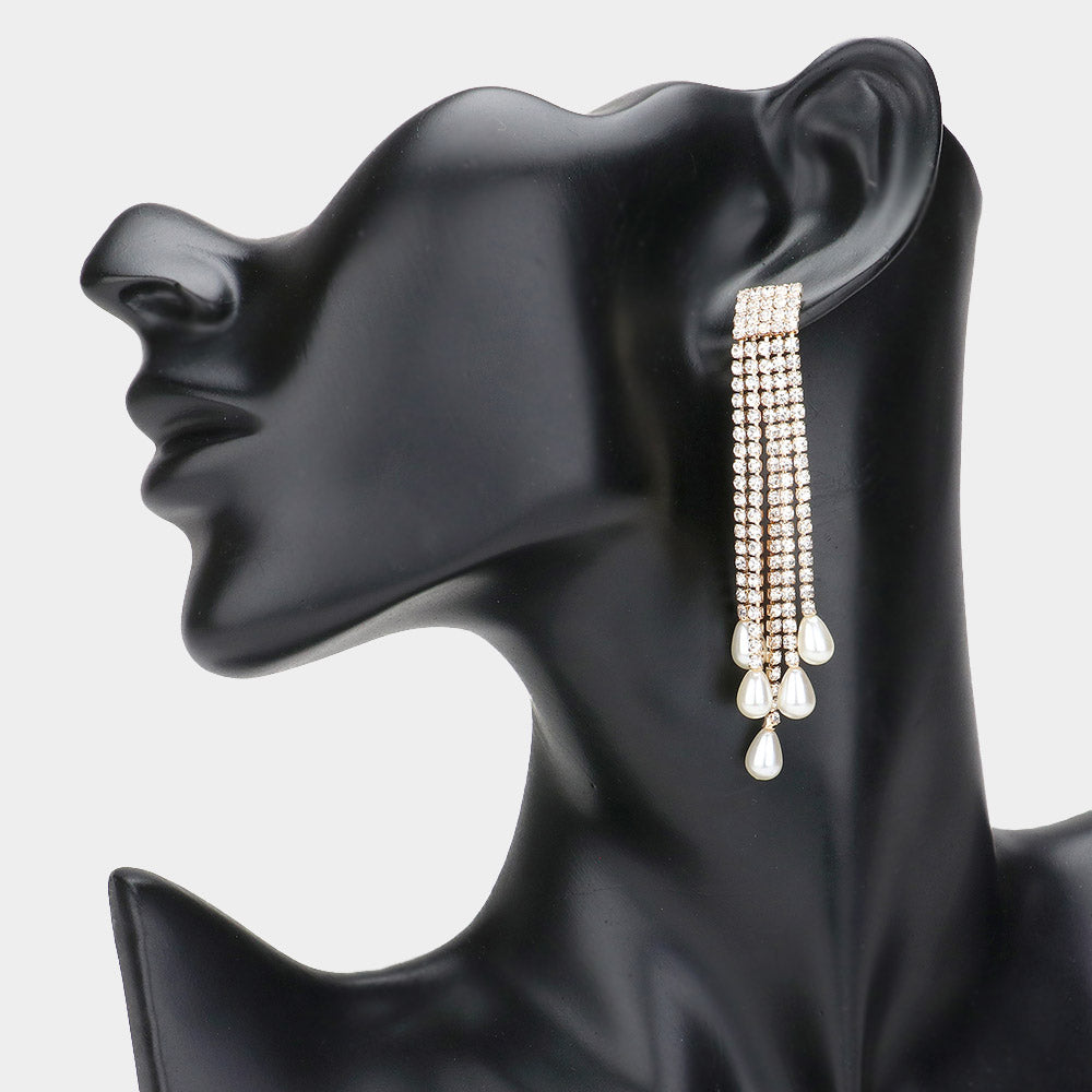 White Pearls Dripping from Rhinestone Fringe Evening Earrings on Gold | Headshot Earrings