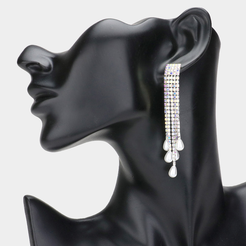 White Pearls Dripping from AB Rhinestone Fringe Evening Earrings on Silver | Headshot Earrings