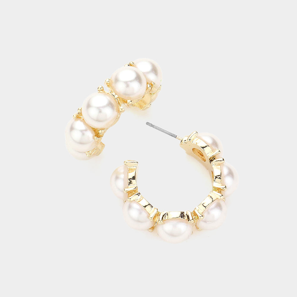 Cream Pearl Round Stone Half Hoop Pageant Earrings | Cream Pearl Interview Earrings