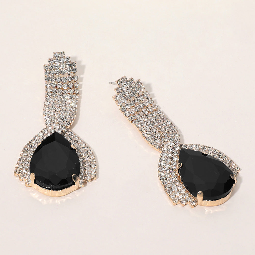 Black Teardrop Embellished with Clear Rhinestone Pageant Earrings | Black Prom Earrings