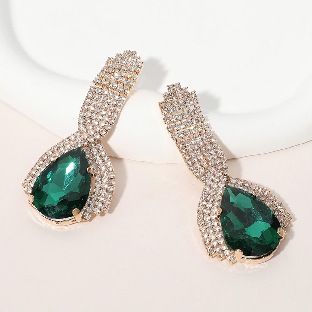 Emerald Teardrop Embellished with Clear Rhinestone Pageant Earrings | Green Prom Earrings |  654092