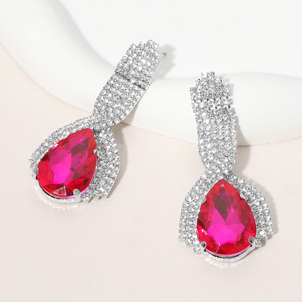 Fuchsia Teardrop Embellished with Clear Rhinestone Pageant Earrings | Hot Pink Prom Earrings