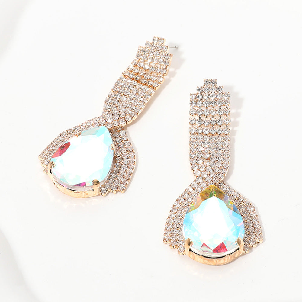 AB Teardrop Embellished with Clear Rhinestone Pageant Earrings on Gold | AB Prom Earrings on Gold