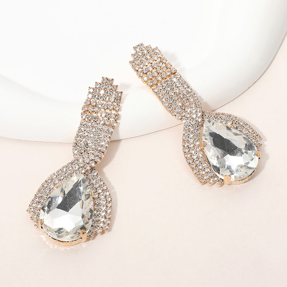 Clear Teardrop Embellished with Clear Rhinestone Pageant Earrings on Gold | Clear Prom Earrings on Gold