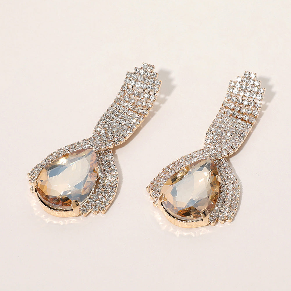 Light Topaz Teardrop Embellished with Clear Rhinestone Pageant Earrings  | Gold Prom Earrings