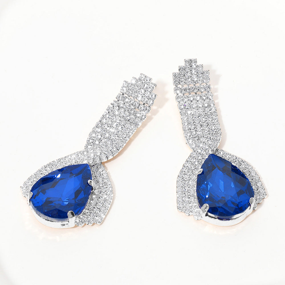 Royal Blue Teardrop Embellished with Clear Rhinestone Pageant Earrings  | Royal Blue Prom Earrings