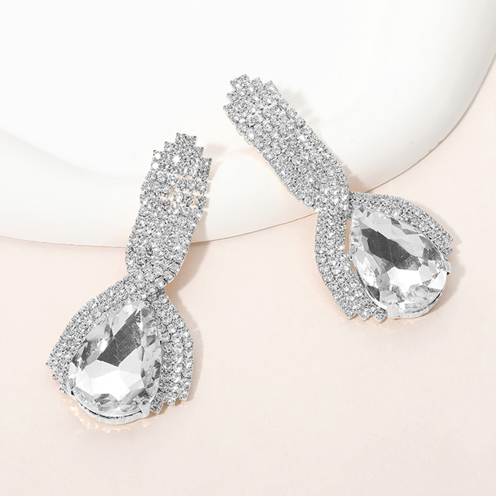 Clear Teardrop Embellished with Clear Rhinestone Pageant Earrings&nbsp; | Clear Prom Earrings&nbsp;