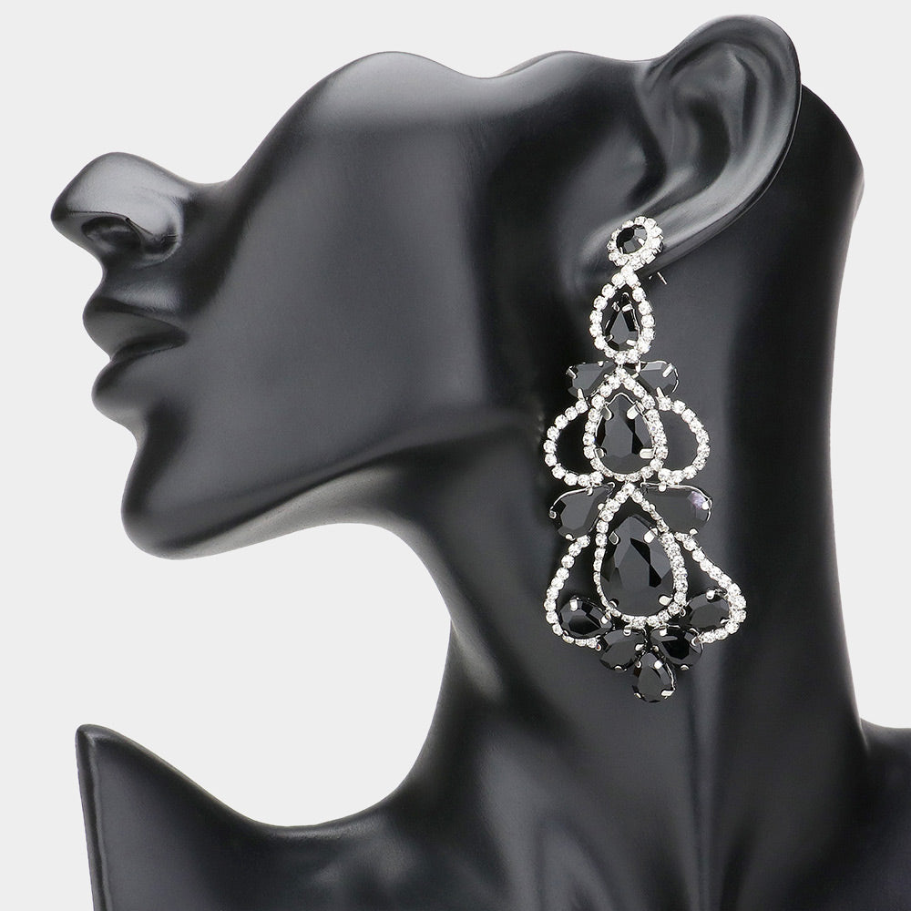 Black Teardrop Cluster Chandelier Pageant Earrings | Black Evening Earrings