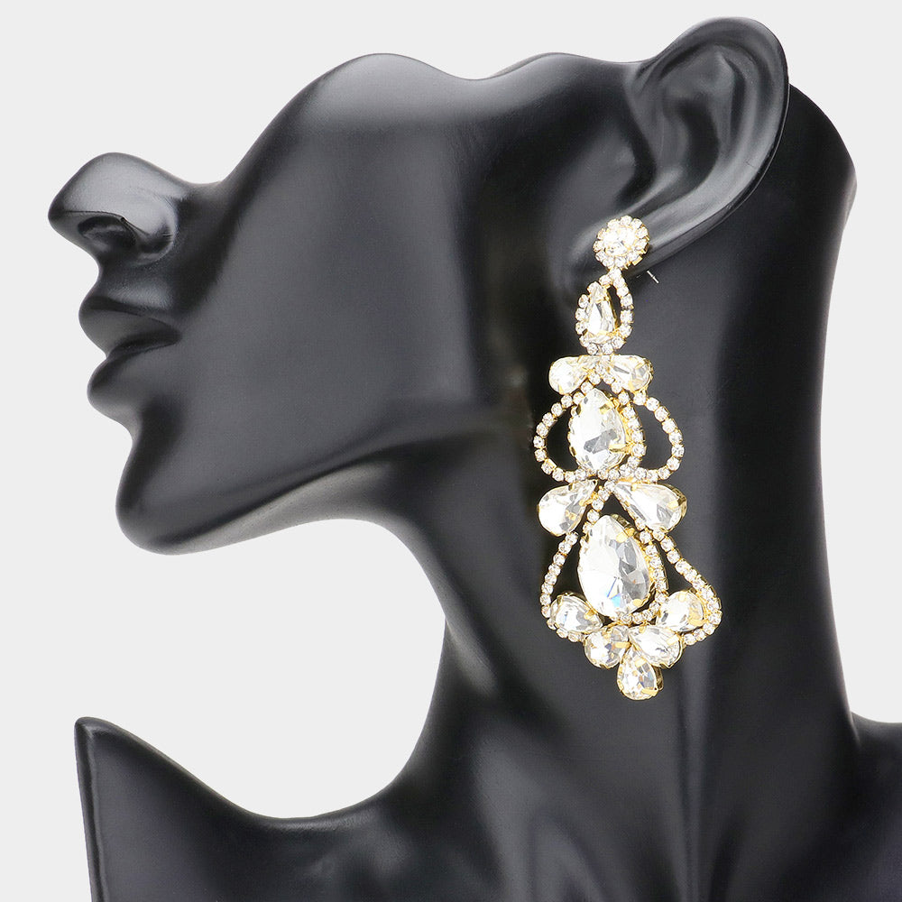 Clear Teardrop Cluster Chandelier Pageant Earrings on Gold | Clear Evening Earrings