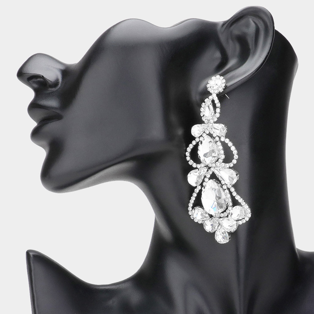 Clear Teardrop Cluster Chandelier Pageant Earrings  | Clear Evening Earrings