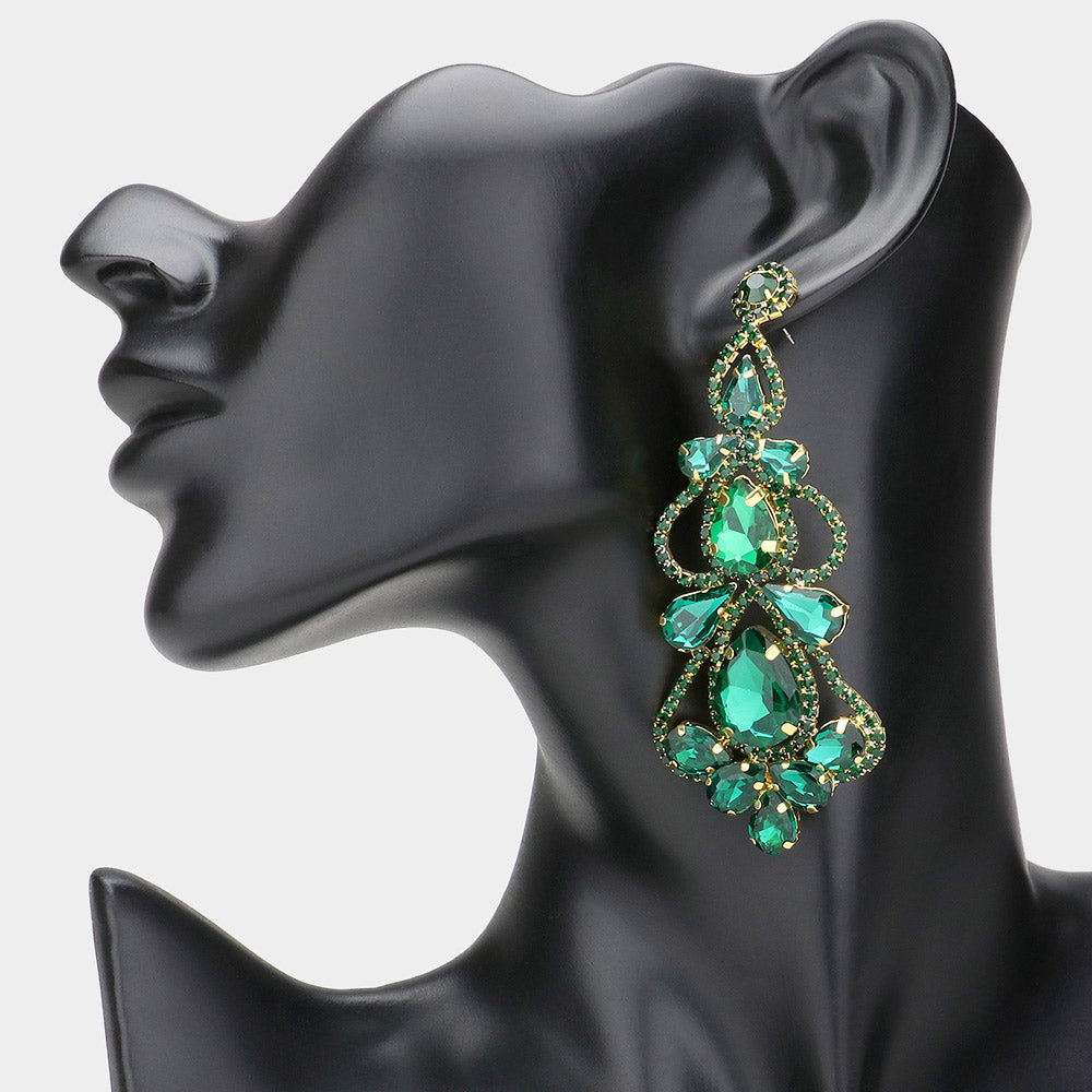 Emerald Teardrop Cluster Chandelier Pageant Earrings | Green Evening Earrings