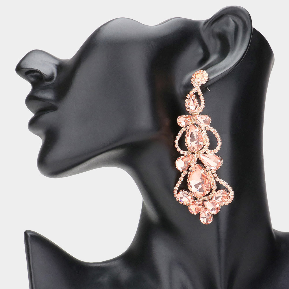 Peach Teardrop Cluster Chandelier Pageant Earrings  | Peach Evening Earrings