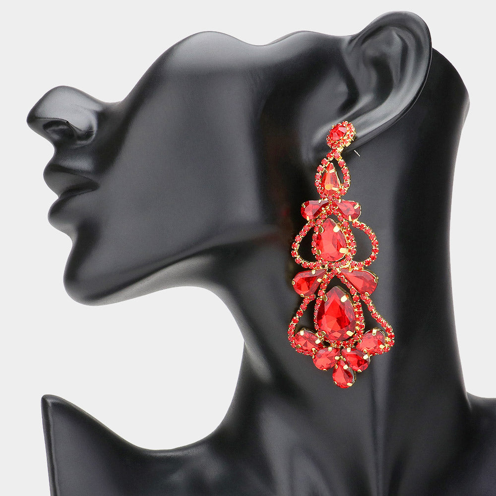 Red Teardrop Cluster Chandelier Pageant Earrings  | Red Evening Earrings