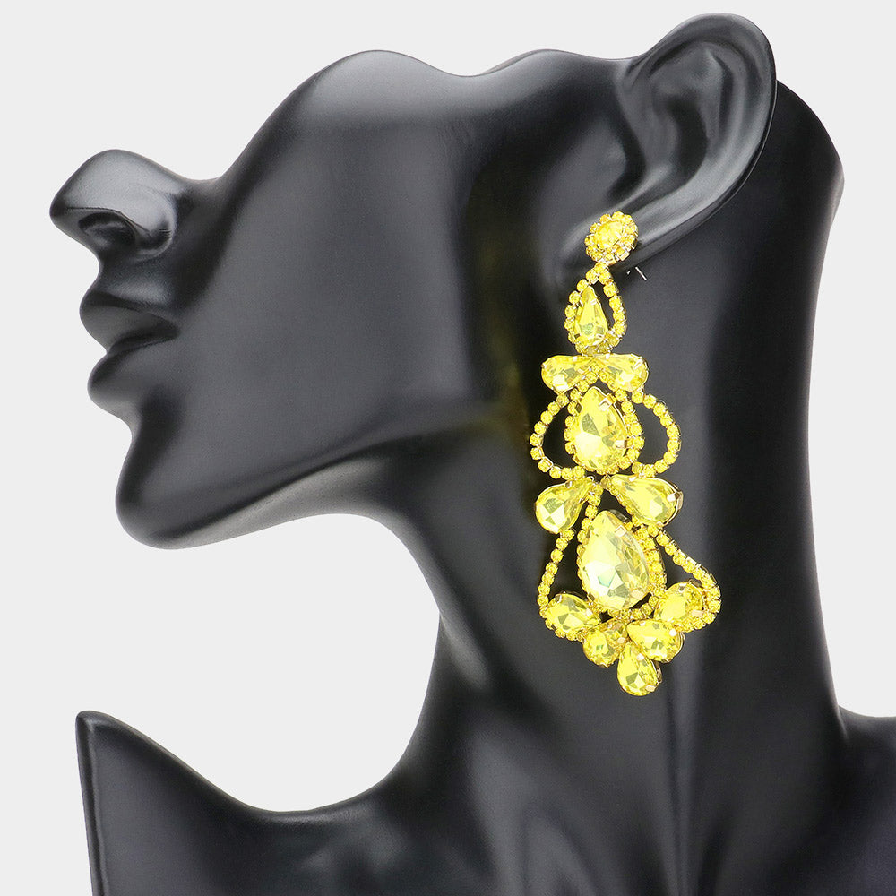 Yellow Teardrop Cluster Chandelier Pageant Earrings  | Yellow Evening Earrings