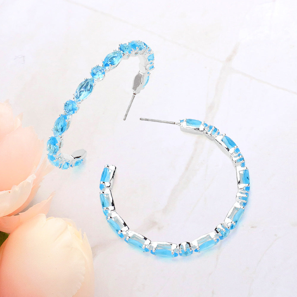 Aqua Multi Stone Cluster Hoop Pageant Earrings | 1.75"