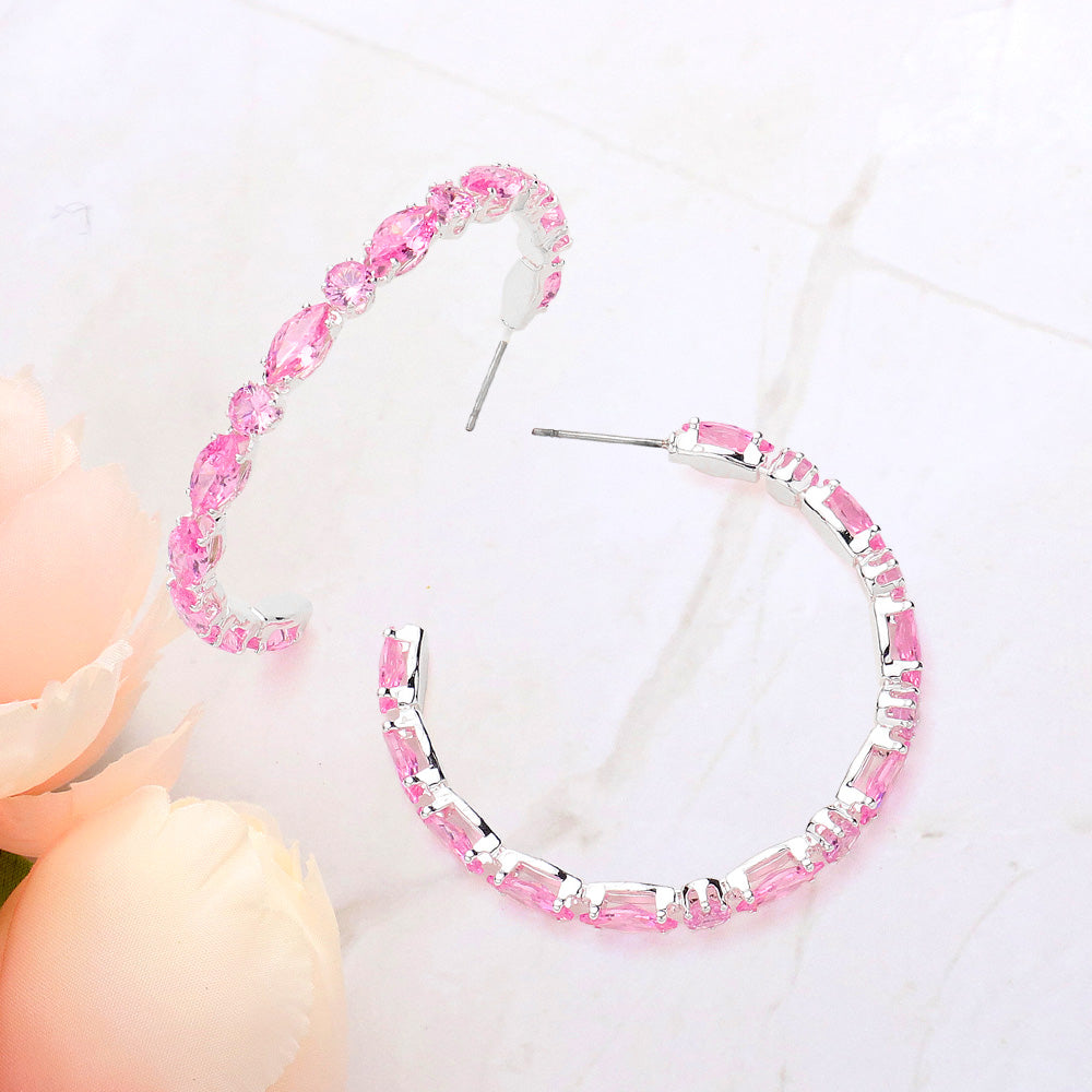 Pink Multi Stone Cluster Hoop Pageant Earrings | 1.75"