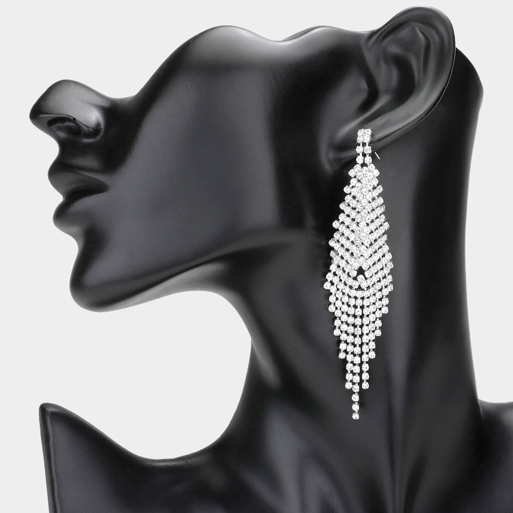 Crystal Rhinestone Fringe Pageant Earrings on Silver