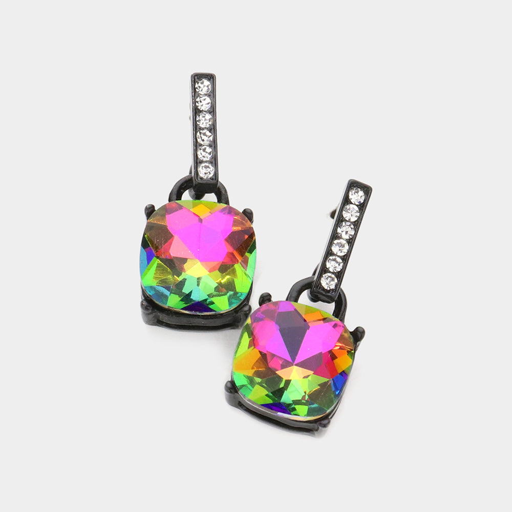 Multi-Color Cushion Square Dangle Pageant Earrings on Black | Interview Earrings