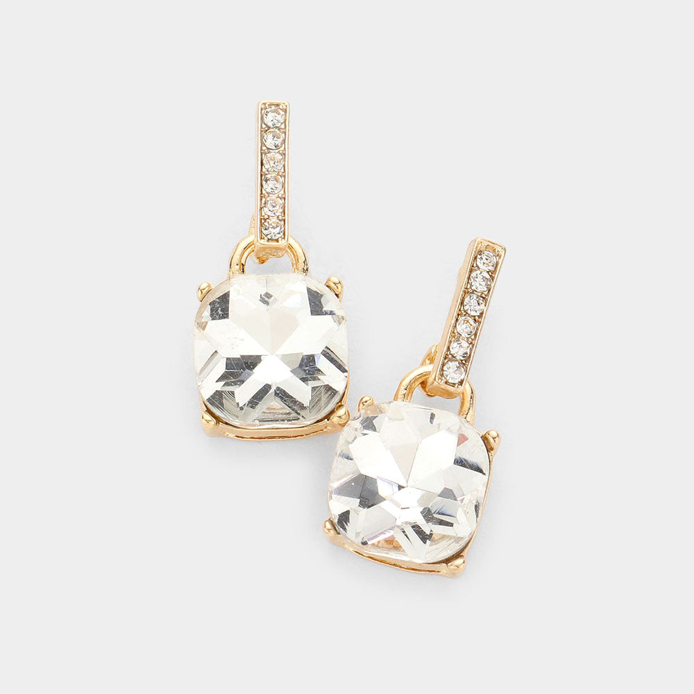 Clear Cushion Square Dangle Pageant Earrings on Gold | Interview Earrings