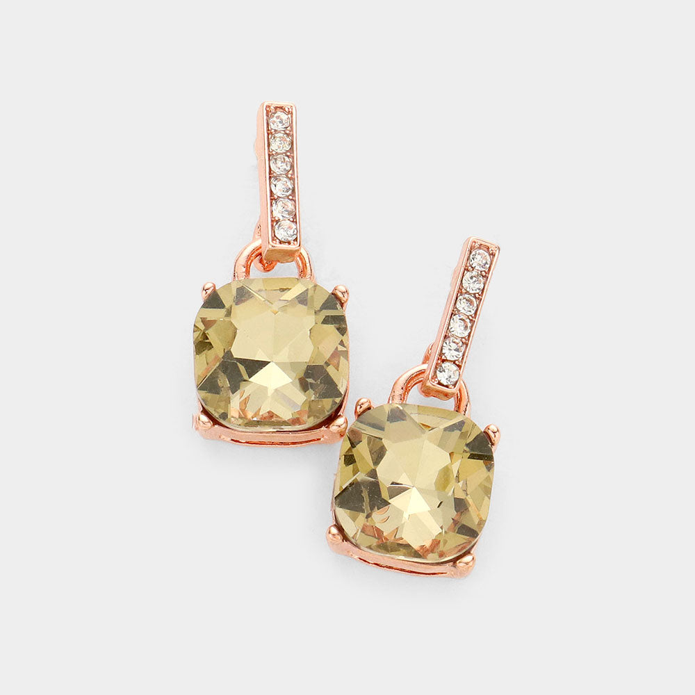 Light Topaz Cushion Square Dangle Pageant Earrings on Rose Gold | Interview Earrings