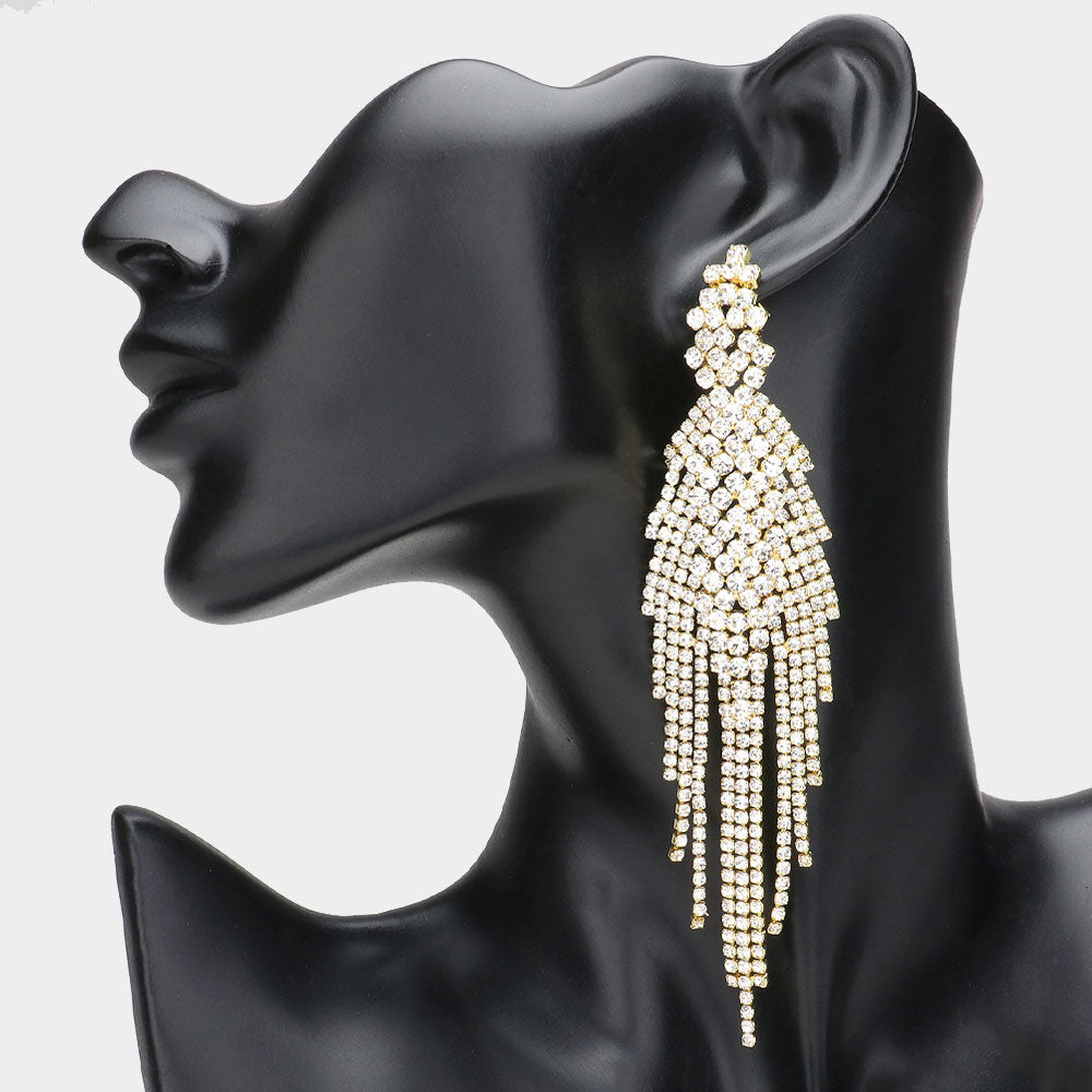 Long Clear Rhinestone Fringe Statement Earrings on Gold | Pageant Earrings