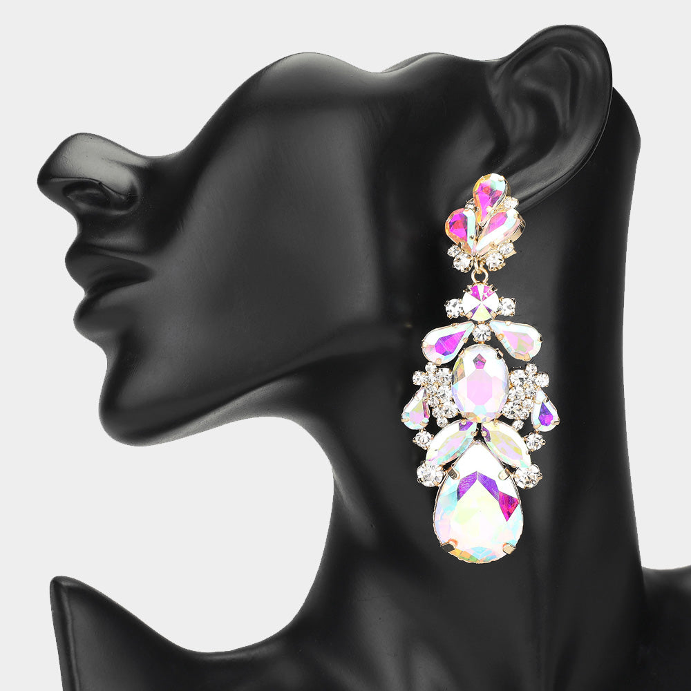 AB Teardrop Stone Chandelier Pageant Earrings on Gold | Evening Earrings