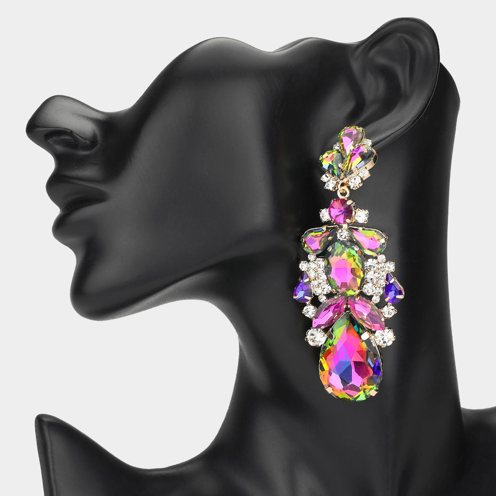 Multi Color Teardrop Stone Chandelier Pageant Earrings | Evening Earrings