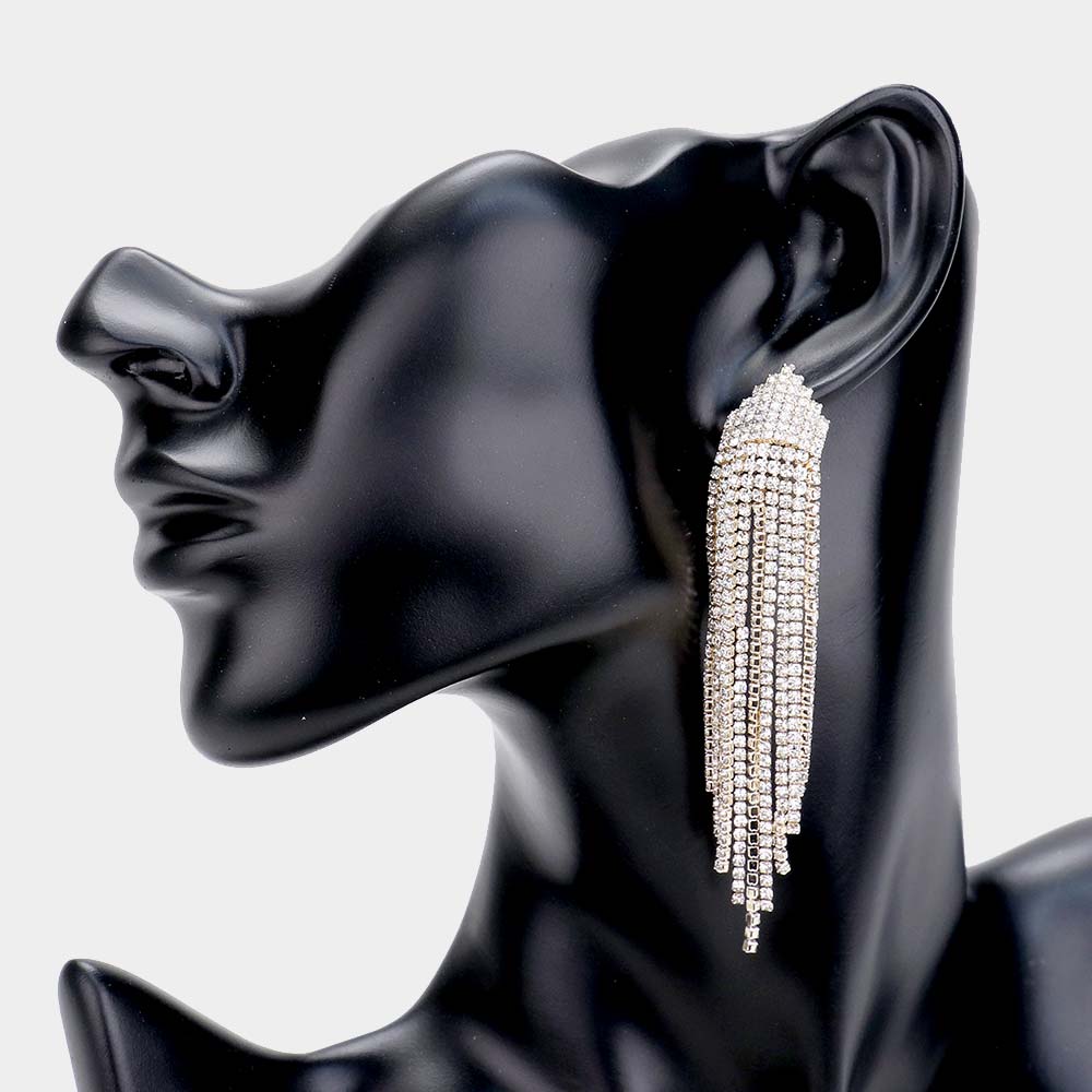 Clear Rhinestone Fringe Drop Pageant Earrings on Gold | Prom Earrings